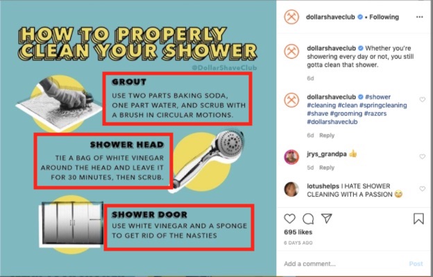 Dollar Shave Club includes text, such as how-tos and tips, in Instagram images — enticing shoppers to stop scrolling and read.