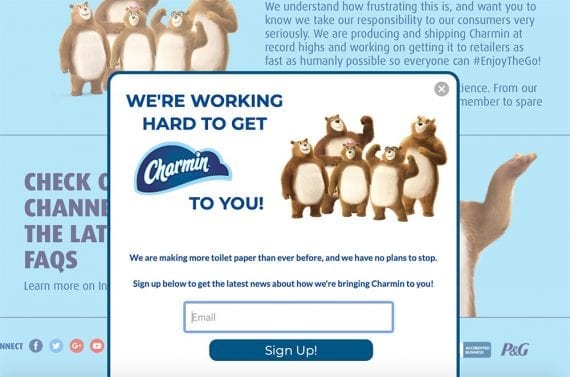 Charmin page explaining how they're making more toilet paper, with email signup to be notified.
