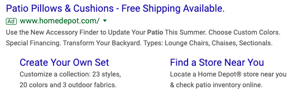 Os títulos ("Patio PIllows & Cushions ...") e títulos de sitelink ("Crie seu próprio conjunto" e "Encontre uma loja perto de você") se destacam porque são azuis e maiores.