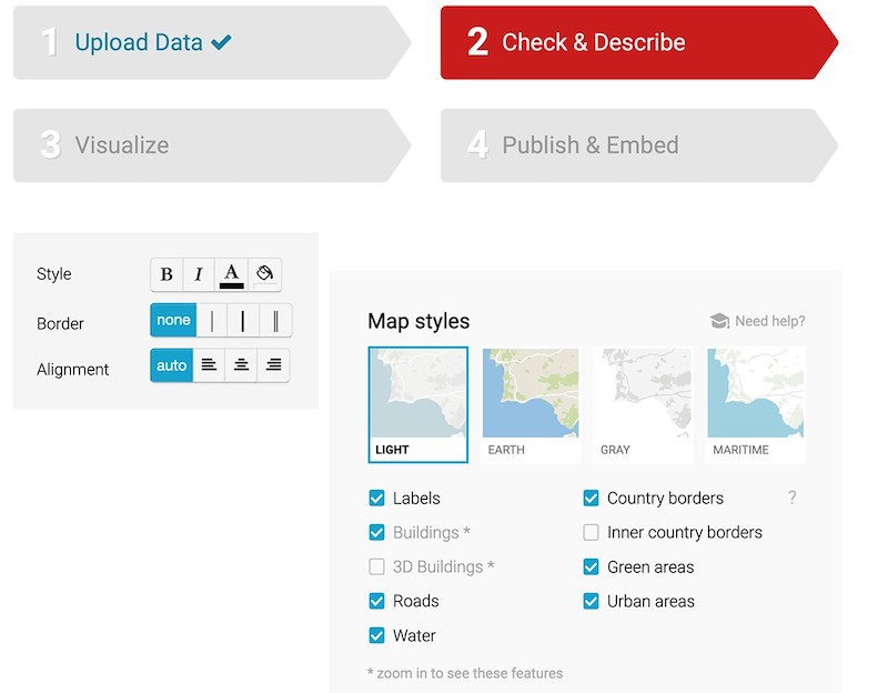 Creating charts in Datawrapper involves four steps: "Upload Data," "Check & Describe," "Visualize," and "Publish & Embed."