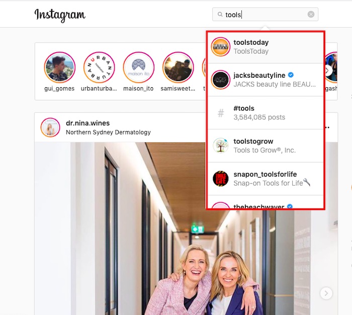 Searching for “tools” on Instagram produces tool-related results — hair styling tools ("jacksbeautyline") to hardware tools ("toolstoday") to business tools ("toolstogrow").