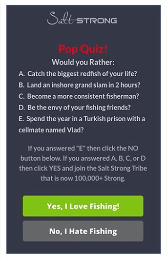 The pop-up for Salt Strong engages visitors with a quiz before requesting an email address. <em>Source: Optinmonster.</em>” width=”342″ height=”530″ srcset=”https://www.practicalecommerce.com/wp-content/uploads/2020/06/Salt-Strong-email-sign-up-quiz.jpg 342w, https://www.practicalecommerce.com/wp-content/uploads/2020/06/Salt-Strong-email-sign-up-quiz-194×300.jpg 194w, https://www.practicalecommerce.com/wp-content/uploads/2020/06/Salt-Strong-email-sign-up-quiz-150×232.jpg 150w, https://www.practicalecommerce.com/wp-content/uploads/2020/06/Salt-Strong-email-sign-up-quiz-323×500.jpg 323w” sizes=”(max-width: 342px) 100vw, 342px”></p>
<p id=