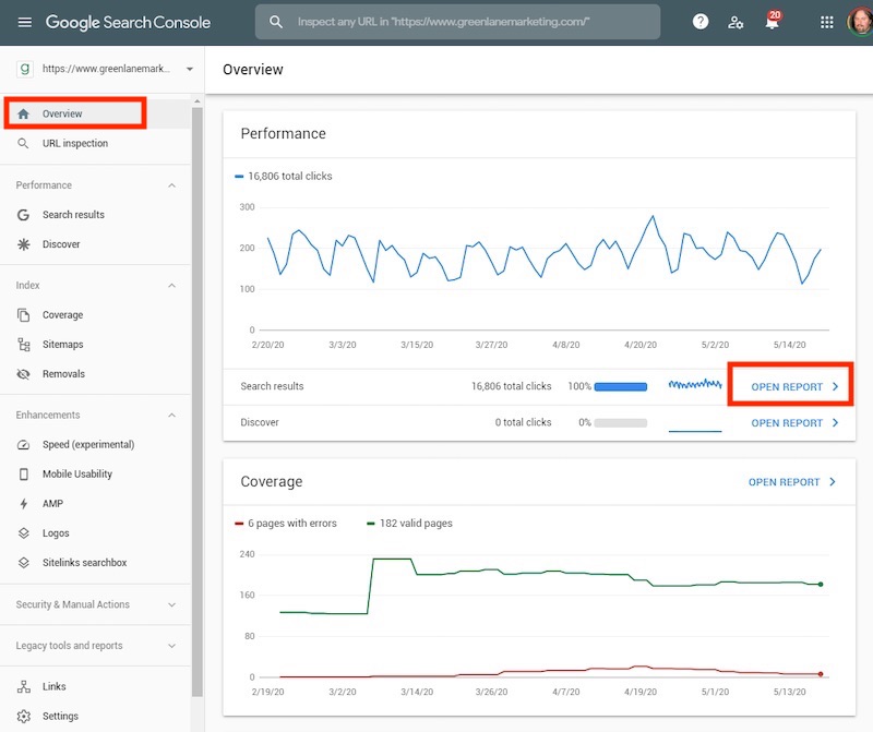 In Search Console click Overview which produces a report called Performance
