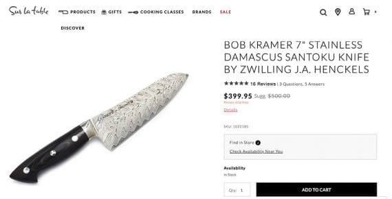 At one of Sur La Table's physical stores, a shopper could handle this knife before spending $399 to buy it. But online, the knife is represented with an image.