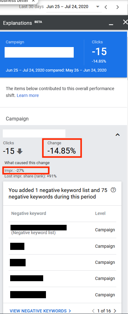 Clicking on the View Explanations link produces a pop-up that identifies the campaign, the time frames, and the metric, such as clicks. In this example, adding the negative keywords led to 27 percent fewer impressions and 14.85 percent fewer clicks.