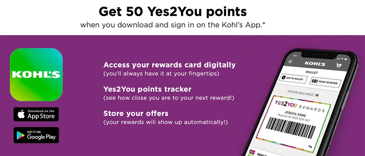 Kohl's Yes2You page, explaining how you can get 50 points for downloading the mobile app.
