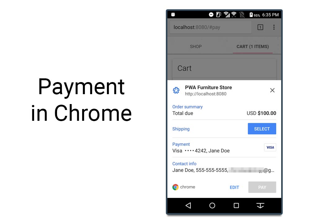 An example of a checkout using the Payment Request API in Chrome on a mobile device. Source: <a href="https://developers.google.com/web/fundamentals/codelabs/payment-request-api">Google Code Labs</a>.” width=”1000″ height=”720″ srcset=”https://www.practicalecommerce.com/wp-content/uploads/2020/08/081320-payment-example-chrome.jpg 1000w, https://www.practicalecommerce.com/wp-content/uploads/2020/08/081320-payment-example-chrome-300×216.jpg 300w, https://www.practicalecommerce.com/wp-content/uploads/2020/08/081320-payment-example-chrome-570×410.jpg 570w, https://www.practicalecommerce.com/wp-content/uploads/2020/08/081320-payment-example-chrome-768×553.jpg 768w, https://www.practicalecommerce.com/wp-content/uploads/2020/08/081320-payment-example-chrome-150×108.jpg 150w, https://www.practicalecommerce.com/wp-content/uploads/2020/08/081320-payment-example-chrome-500×360.jpg 500w” sizes=”(max-width: 1000px) 100vw, 1000px”></p>
<p id=