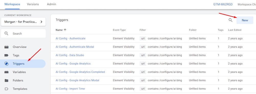 Track clicks in Google Tag Manager, starting at Triggers > New.