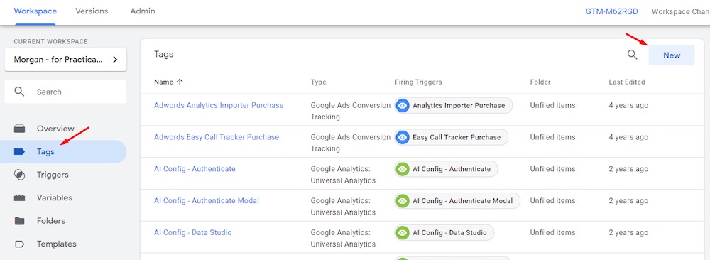 Create the new tag in Google Tag Manager at Tags > New.