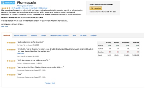 Pagina de feedback a Pharmapacks pe Amazon.