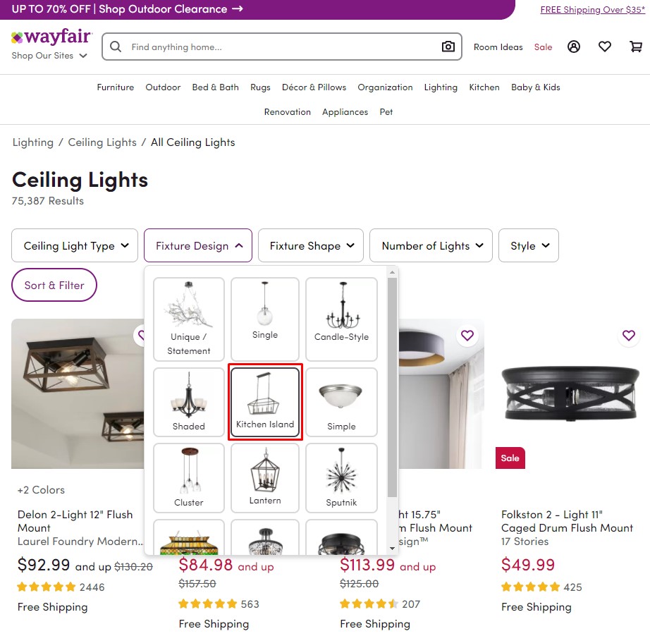 Wayfair's faceted navigation for the Ceiling Lights category sends relevance signals to the filtered subcategory pages it links to, such as the Kitchen Island page.
