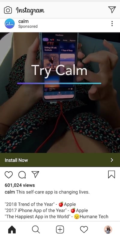 Social proof is when a third party proves your point This ad from Calm provides social proof with accolades from Apple and Humane Tech two reputable sources