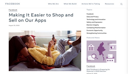 Facebook blog post, "Making It Easier to Shop and Sell on Our Apps."