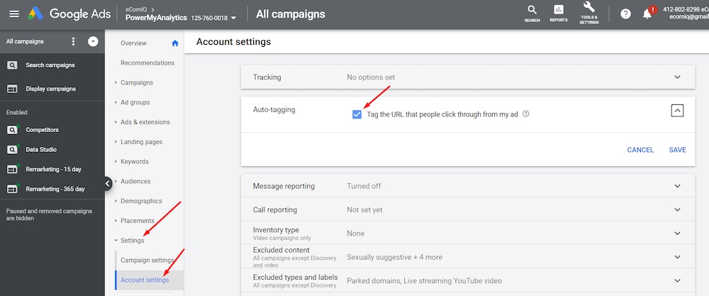 Ensure you have auto-tagging enabled in Google Ads at Settings > Account Settings.” width=”800″ height=”334″ srcset=”https://www.practicalecommerce.com/wp-content/uploads/2020/09/Google-Ads-Analytics-1.jpg 1000w, https://www.practicalecommerce.com/wp-content/uploads/2020/09/Google-Ads-Analytics-1-300×125.jpg 300w, https://www.practicalecommerce.com/wp-content/uploads/2020/09/Google-Ads-Analytics-1-570×238.jpg 570w, https://www.practicalecommerce.com/wp-content/uploads/2020/09/Google-Ads-Analytics-1-768×320.jpg 768w, https://www.practicalecommerce.com/wp-content/uploads/2020/09/Google-Ads-Analytics-1-150×63.jpg 150w, https://www.practicalecommerce.com/wp-content/uploads/2020/09/Google-Ads-Analytics-1-500×209.jpg 500w” sizes=”(max-width: 800px) 100vw, 800px”></a></p>
<p id=