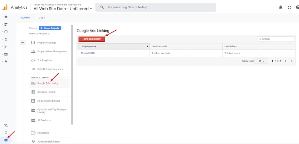 Select the Google Ads account to link to. In Google Analytics, select the Google Ads account to link to at Admin > Property > Google Ads Linking.