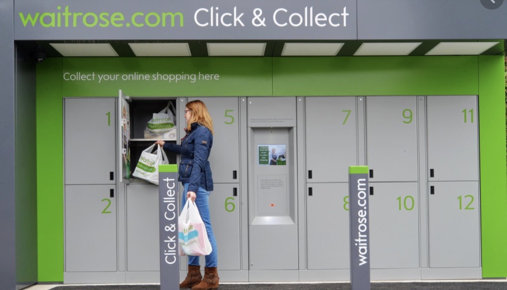Brick-and-mortar chains are offering click-and-collect services to their own customers as well as those of unrelated merchants. This example of pick-up lockers is from Waitrose, a U.K. grocery chain. Image: The Grocer.