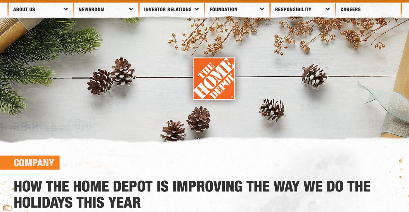 Home Depot holiday header with announcement