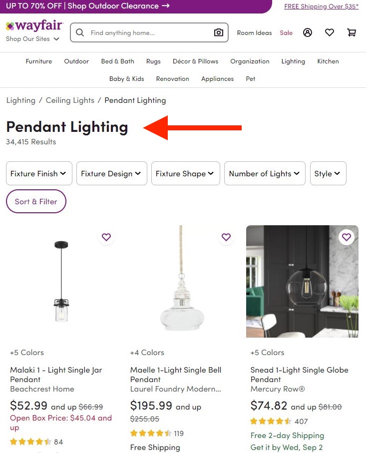 Wayfair’s "Pendant Lighting" heading reflects the primary keyword for the page.