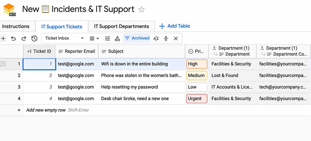 Tables' "Incident and IT Support" template