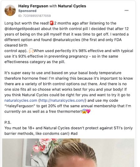 Copy of ad text on Instagram for Natural Cycles, a birth control app.