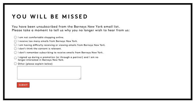 Screenshot of Barney's survey on email opt-out page