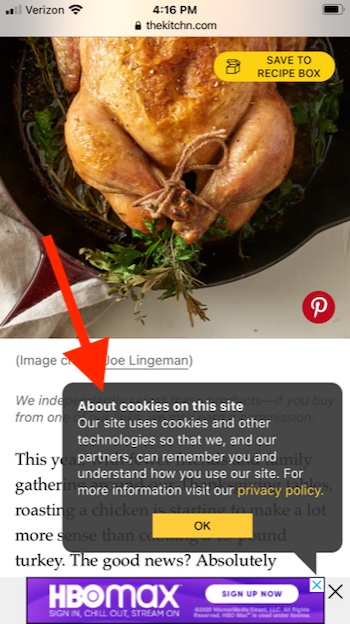 Screenshot of TheKitchen.com with a privacy pop-up disclosure.