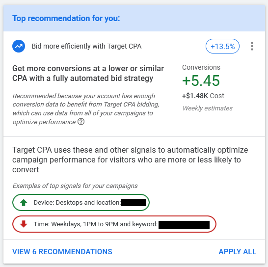 Screenshot of Google Ads bid recommendations.