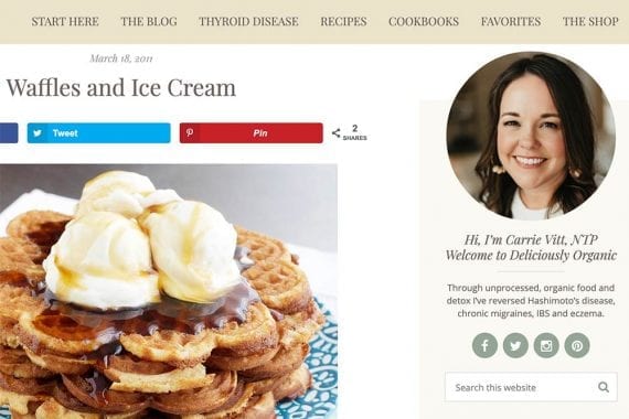 Screenshot of Deliciously Organic photos of waffles and ice cream.