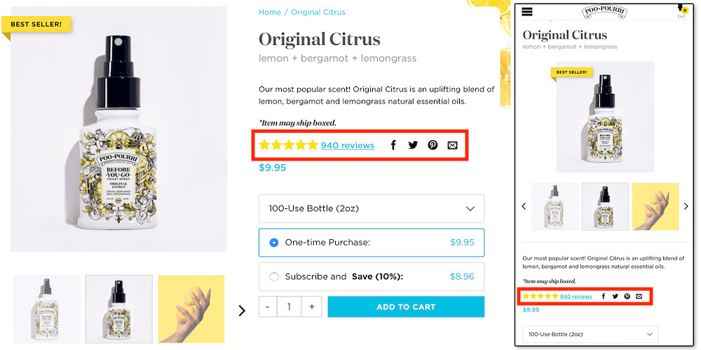 Screenshot of Poo-Pourri's product page on desktop and mobile.
