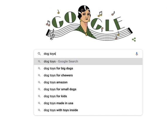Capture d'écran de la suggestion automatique de la recherche Google pour "jouets pour chiens."