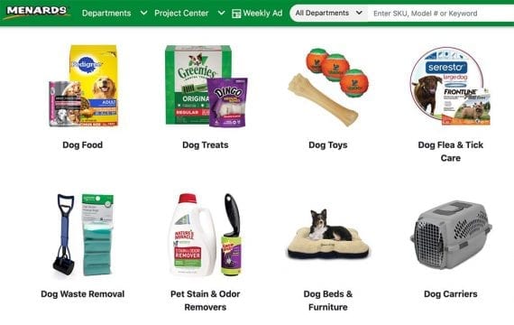 Capture d'écran de la page Web des catégories d'animaux de compagnie de Menard