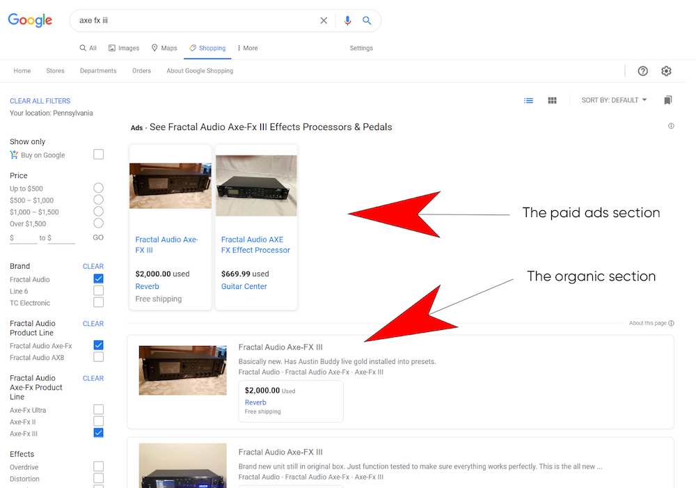 Search results on Google Shopping showing paid and organic listings