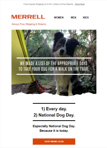 Screenshot of a dog-owner-related email from Merrell