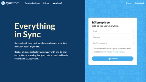 Page d'accueil de Sync.com