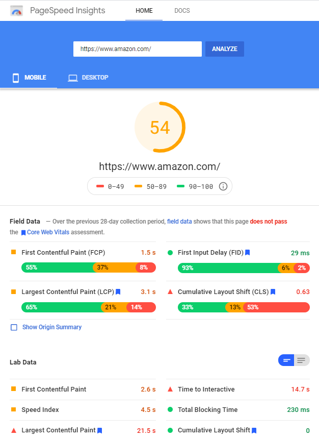 Pagespeed Insights Page d'accueil mobile Amazon