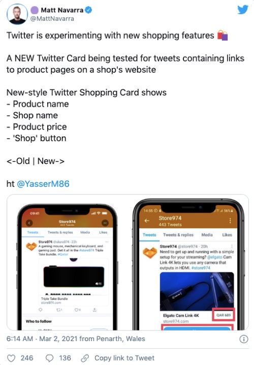 Screenshot of a tweet showing Twitter's new shopping card