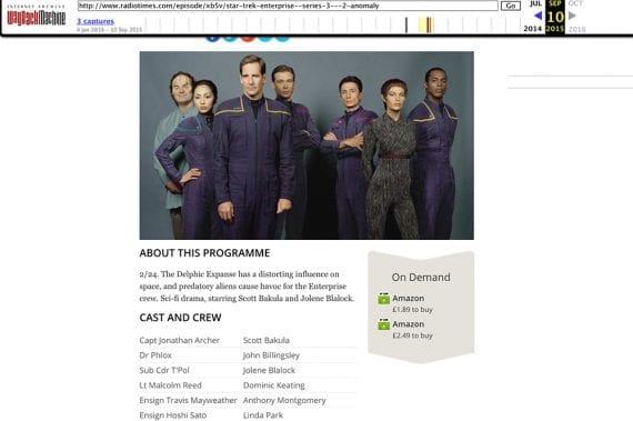 Screenshot of a Wayback Machine page for Star Trek