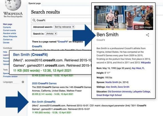 Screenshot of a Wikipedia search for CrossFit showing Ben Smith