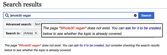 Screenshot of a Wikipedia search results page for "Whole30 vegan," showing red text indicating that a page does not exist