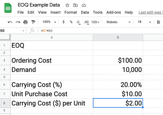 Screenshot of a Google Sheet showing the $100 ordering cost, 10,000 demand units, and carrying cost per unit..