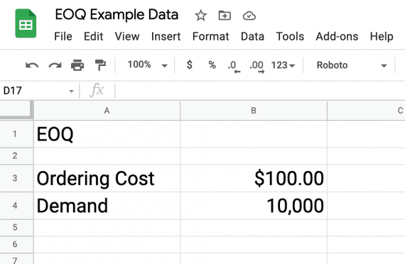 Screenshot of a Google Sheet showing the $100 ordering cost and 10,000 demand units.