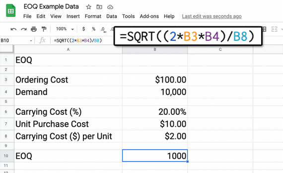 Screenshot of a Google Sheet showing the formula for calculating the EOQ. Screenshot of a Google Sheet showing the formula for calculating the EOQ.
