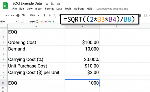 Screenshot of a Google Sheet showing the formula for calculating the EOQ.