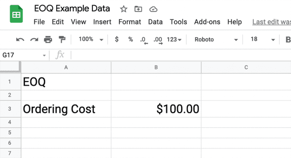 Screenshot of a Google Sheet showing the $100 ordering cost.