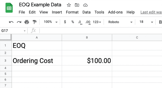 Screenshot of a Google Sheet showing the $100 ordering cost. Screenshot of a Google Sheet showing the $100 ordering cost.