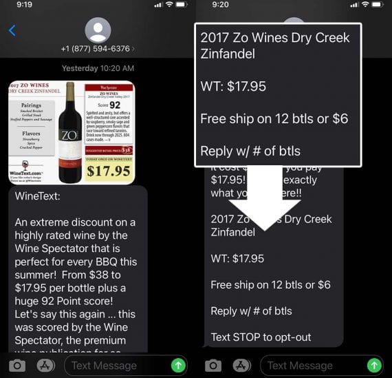 Capture d'écran d'un SMS de WineText avec une offre quotidienne pour un vin Zinfandel.