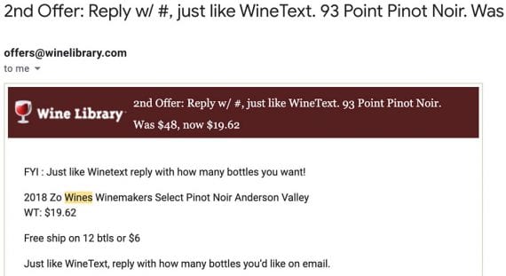 Capture d'écran d'une offre par e-mail WineText.