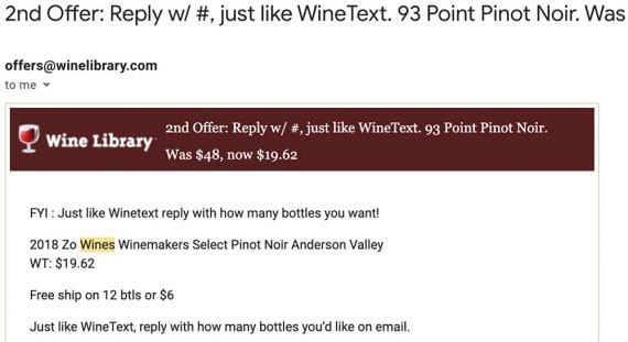 Screenshot of a WineText email offer. Screenshot of a WineText email offer.