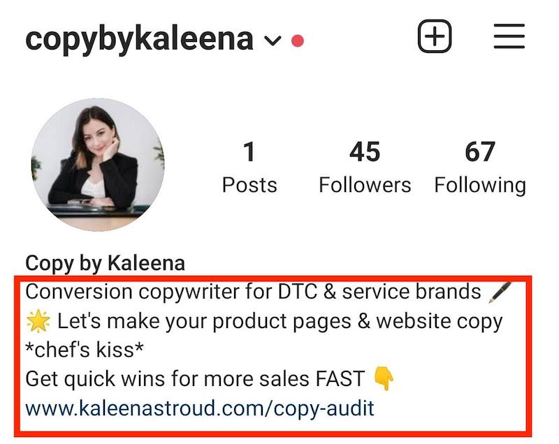 Screenshot of Kaleena Stroud's Instagram bio