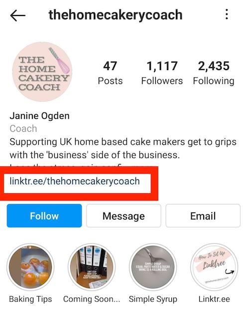 Capture d'écran de la page bio Instagram de @ thehomecakerycoach. Capture d'écran de la page bio Instagram de @ thehomecakerycoach.